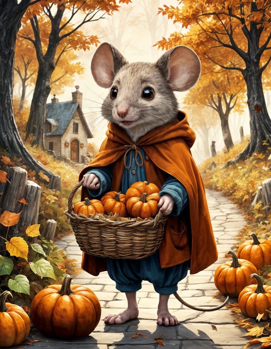 Mouse in Orange Cloak on Autumn Path with Pumpkin Cart
