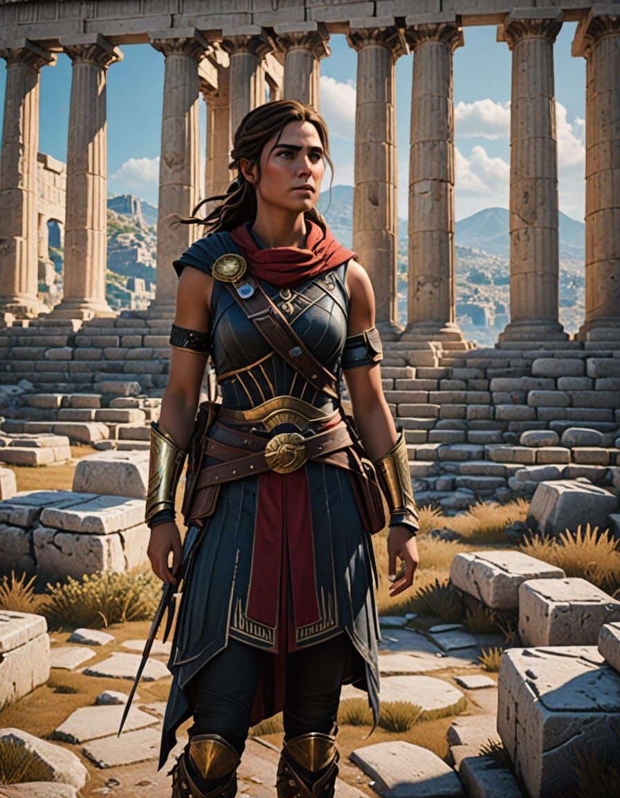 Kassandra as Modern Tour Guide at Ancient Acropolis