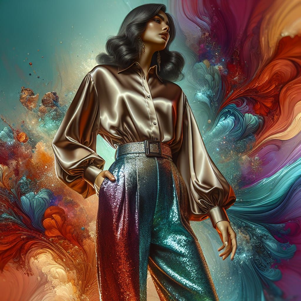 Indian Woman in Silky Satin Trousers, Hyperrealistic Style