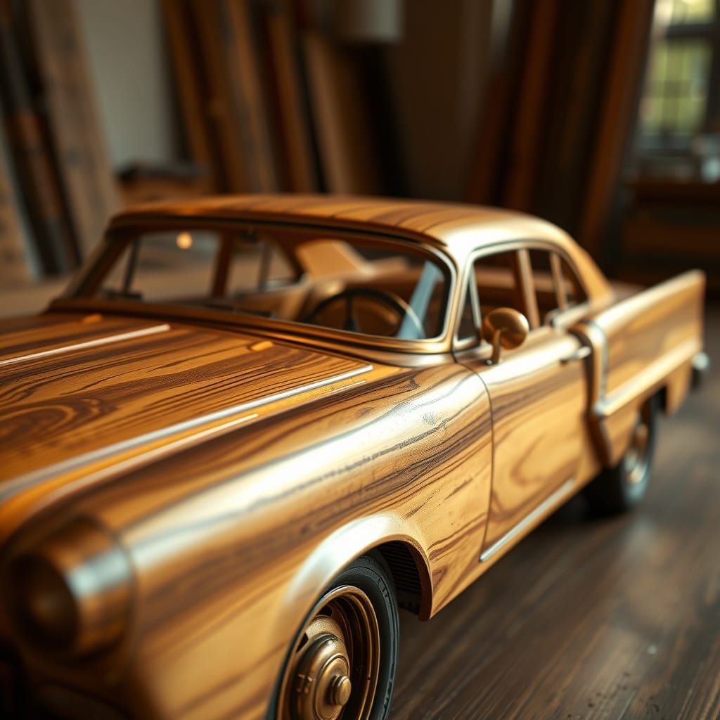 Hyperrealistic Wooden Car Inspired by Digital Art