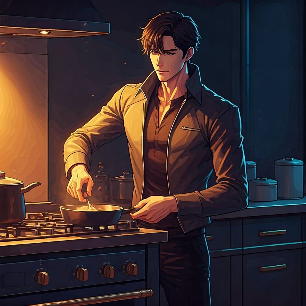 Stylish Man Cooking in Manga Style Kitchen
