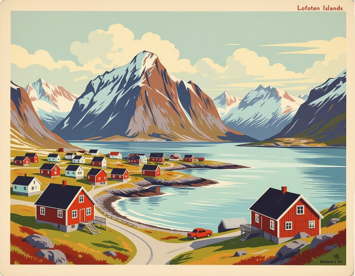 Charming Lofoten Village Vintage Postcard