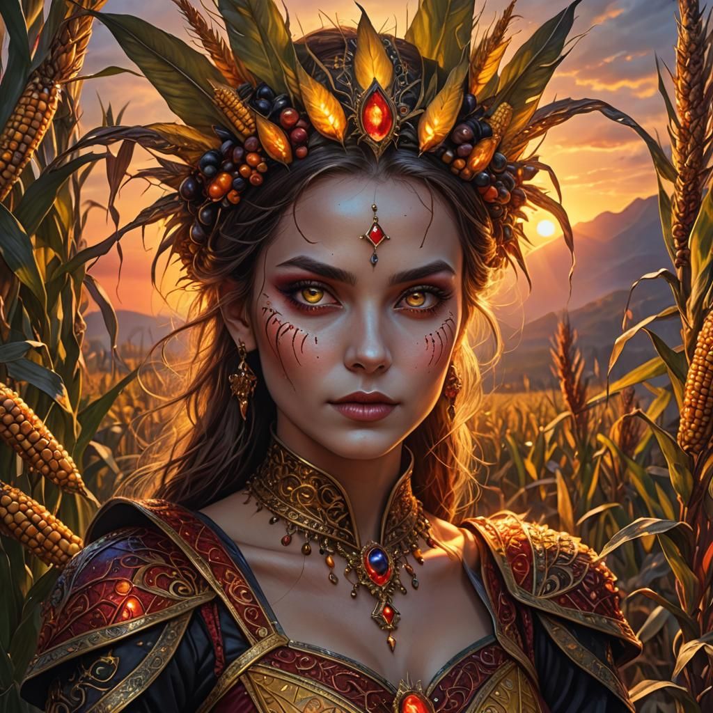 Corn-Skinned Magician at Sunset: Photorealistic Fantasy Art