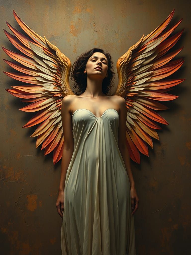 Woman with Wings in Muted Fire Tones, Oil Painting