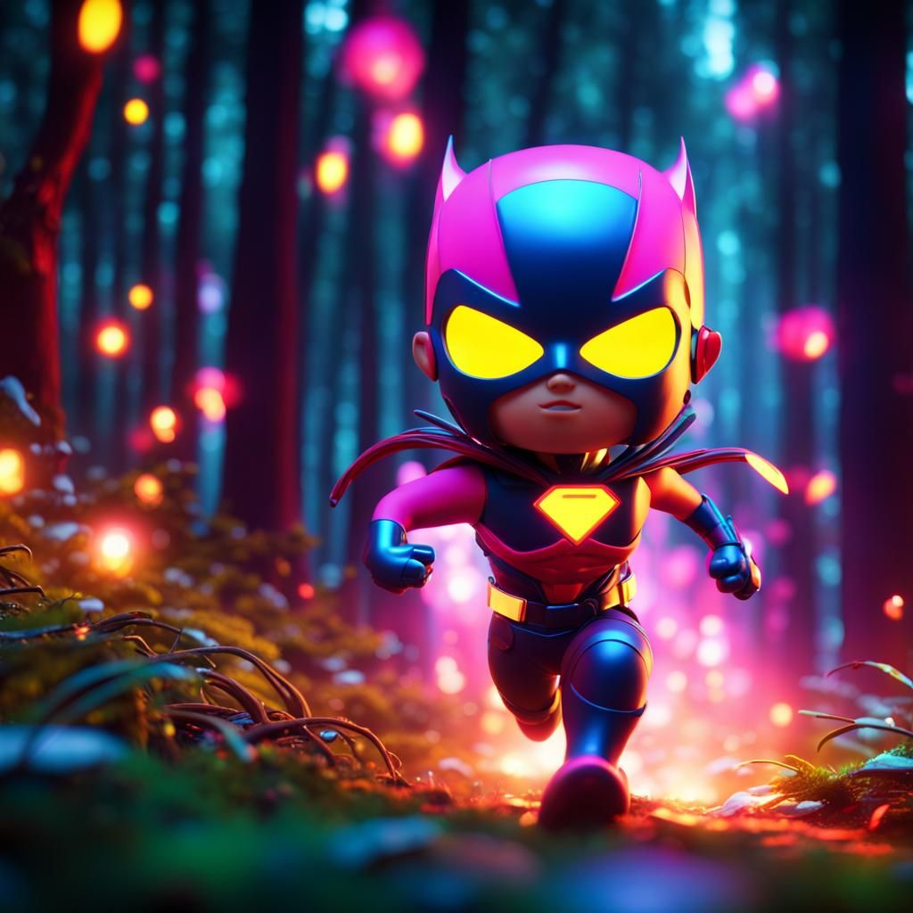 Neon Chibi Superhero Speeding Through Forest