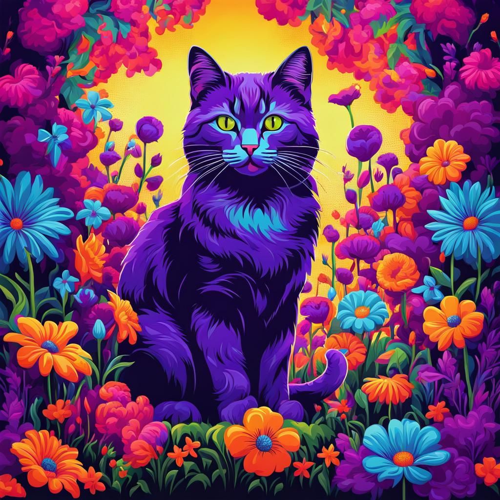 Purple pop art cat in flower garden