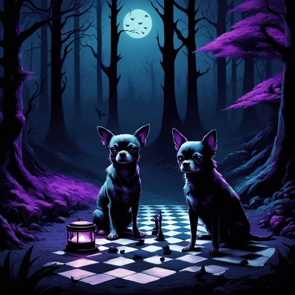 Eerie Whimsy: Chihuahuas Play Checkers in a Haunting Forest