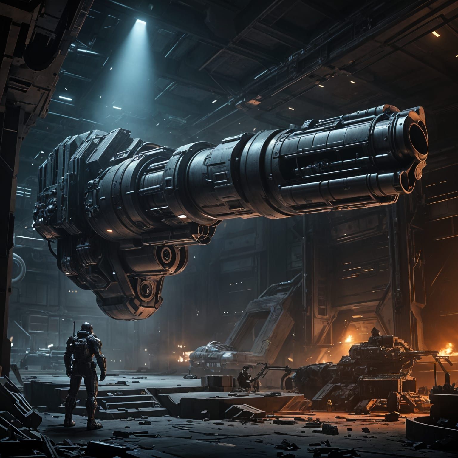 Giant Revolver Mech in Cinematic Sci-Fi Hangar