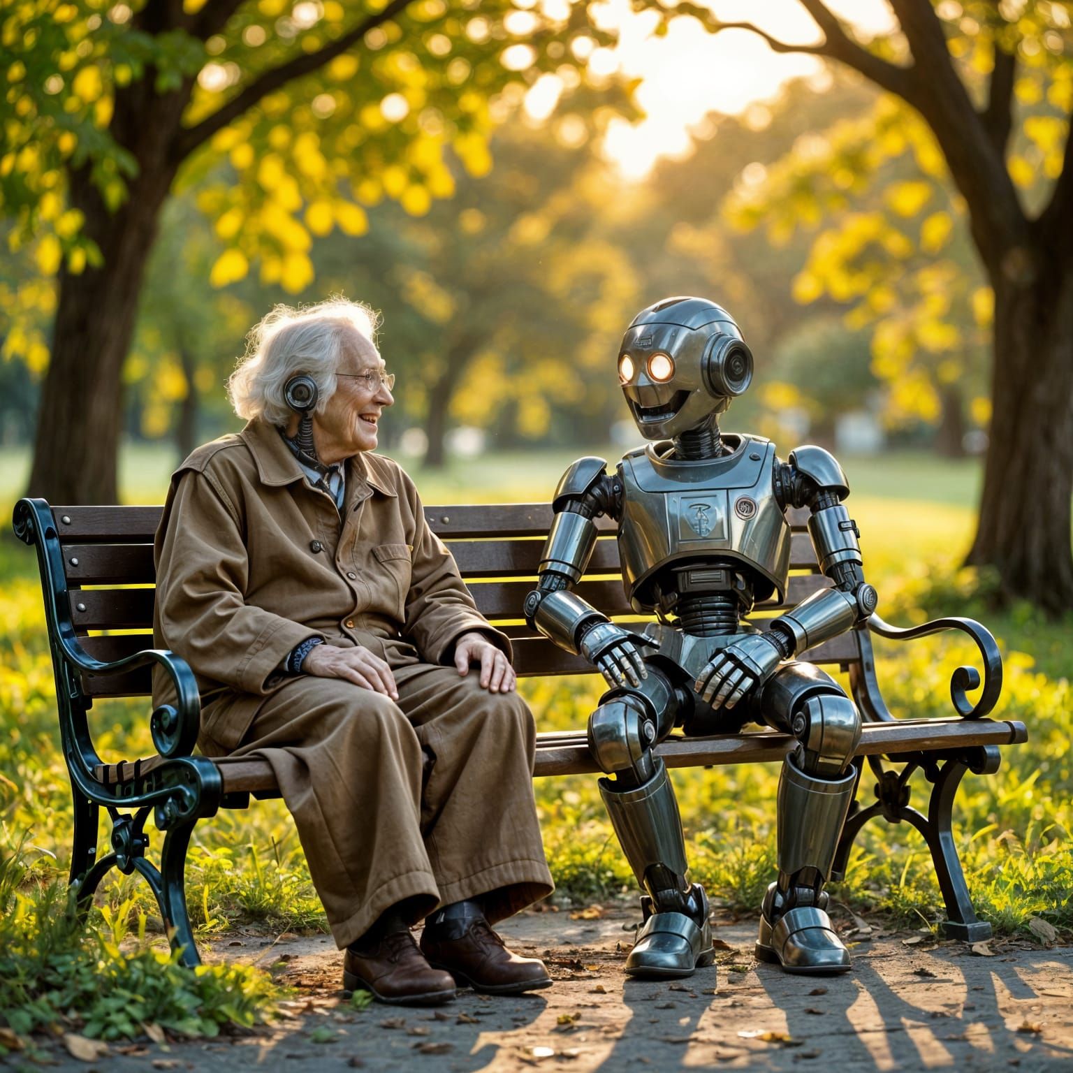 Elderly Robots Share Stories in Overgrown Park