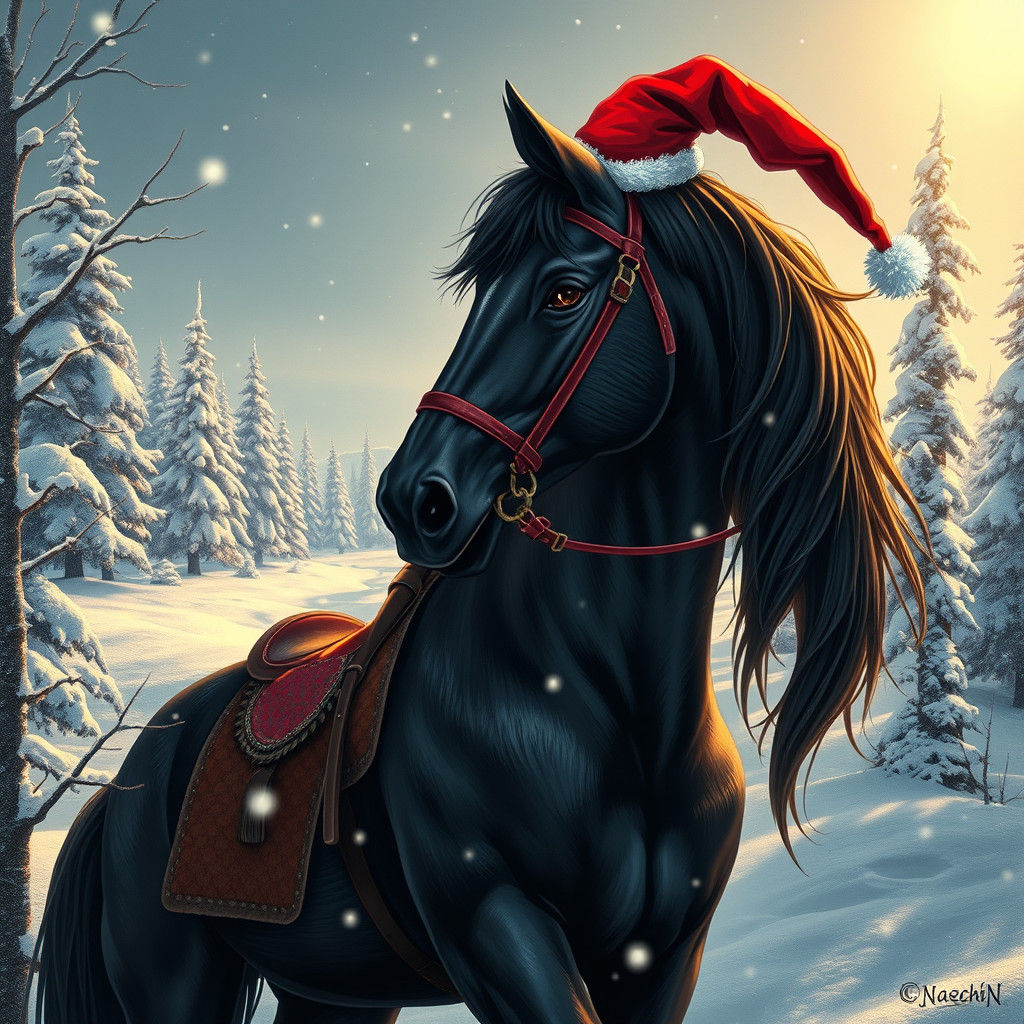 Black Horse with Christmas Hat in Winter Landscape