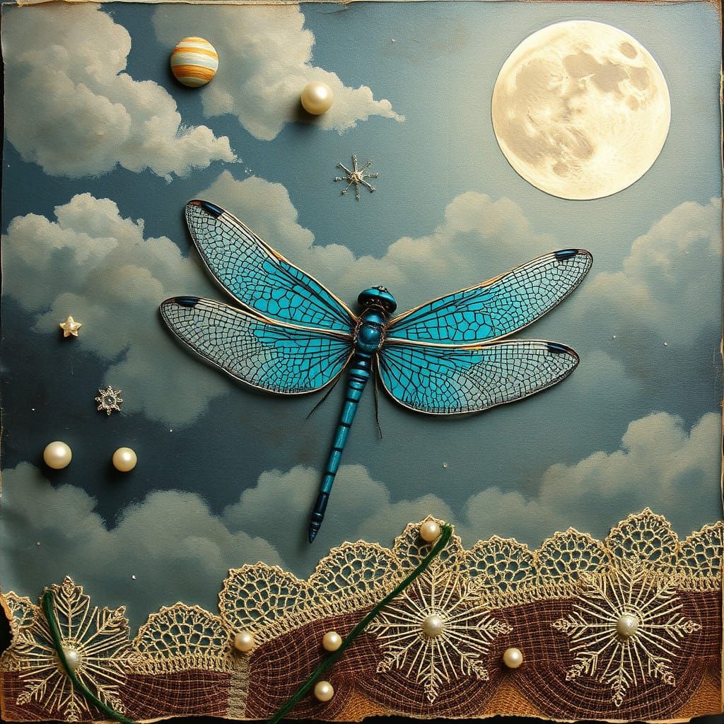 Whimsical Turquoise Dragonfly in Starry Night Sky