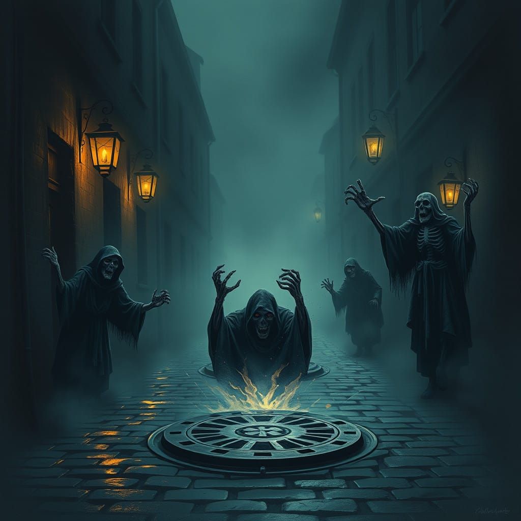 Eerie Street Scene in a Dark, Misty Night