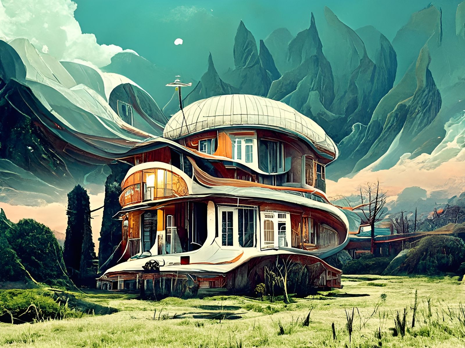 Retrofuturistic House in Romanticism Art Style
