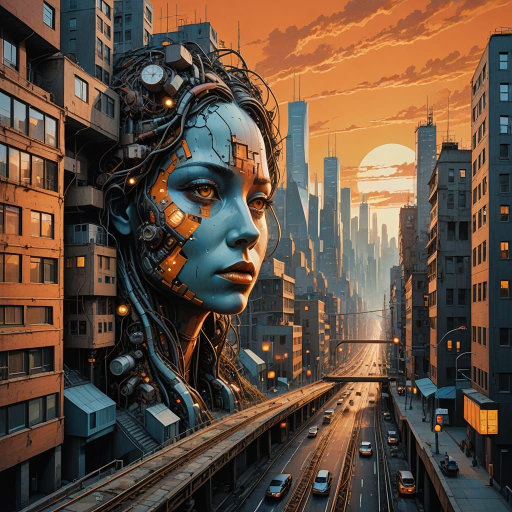 Surreal Cityscape Meets Colossal Figure in Cyberpunk Style