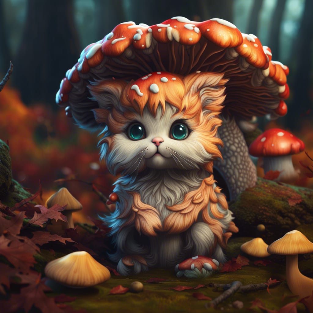 Adorable Autumn Kitten with Mushrooms, Detailed Art