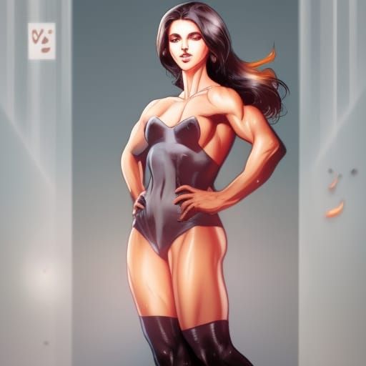 Bodybuilder Woman in Black Dress, Comic Book Art