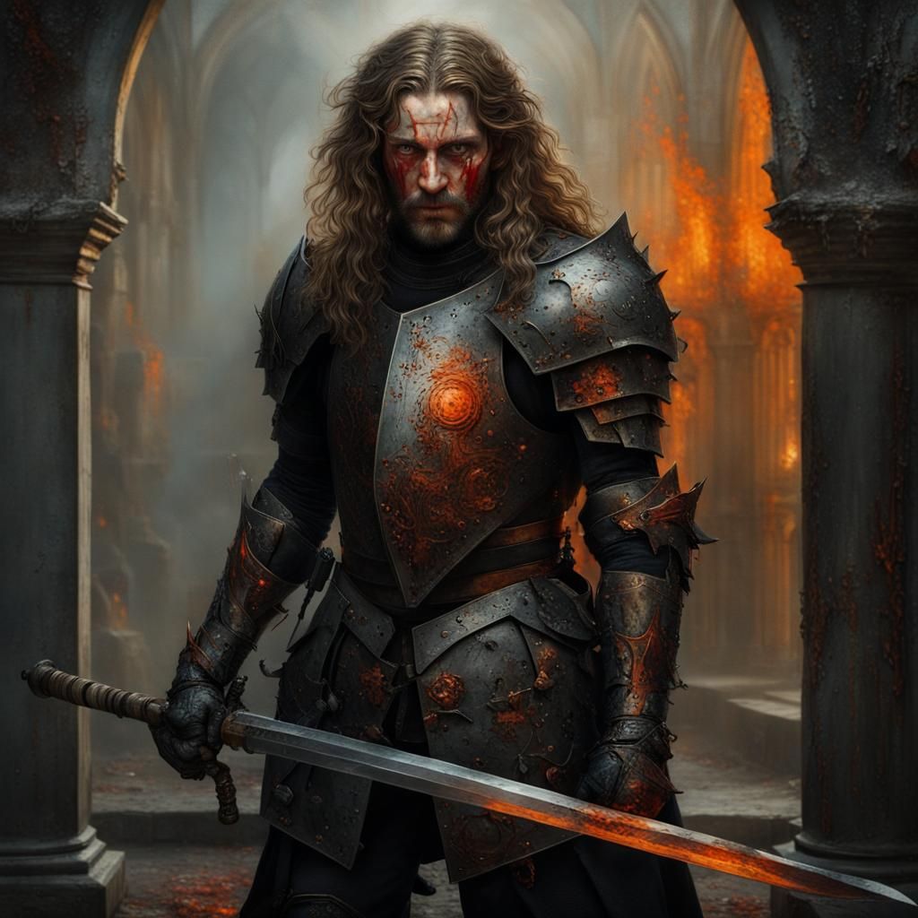 Young Knight with Demonic Shadow, Hyperrealistic Mixed-Media...