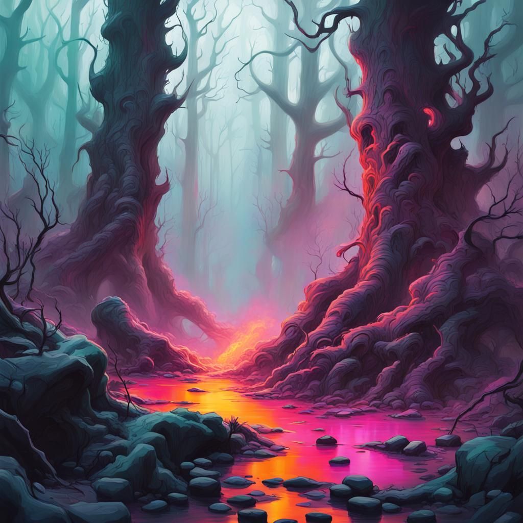 Turbulent Forest with Glowing Mist in Graffiti Art Style