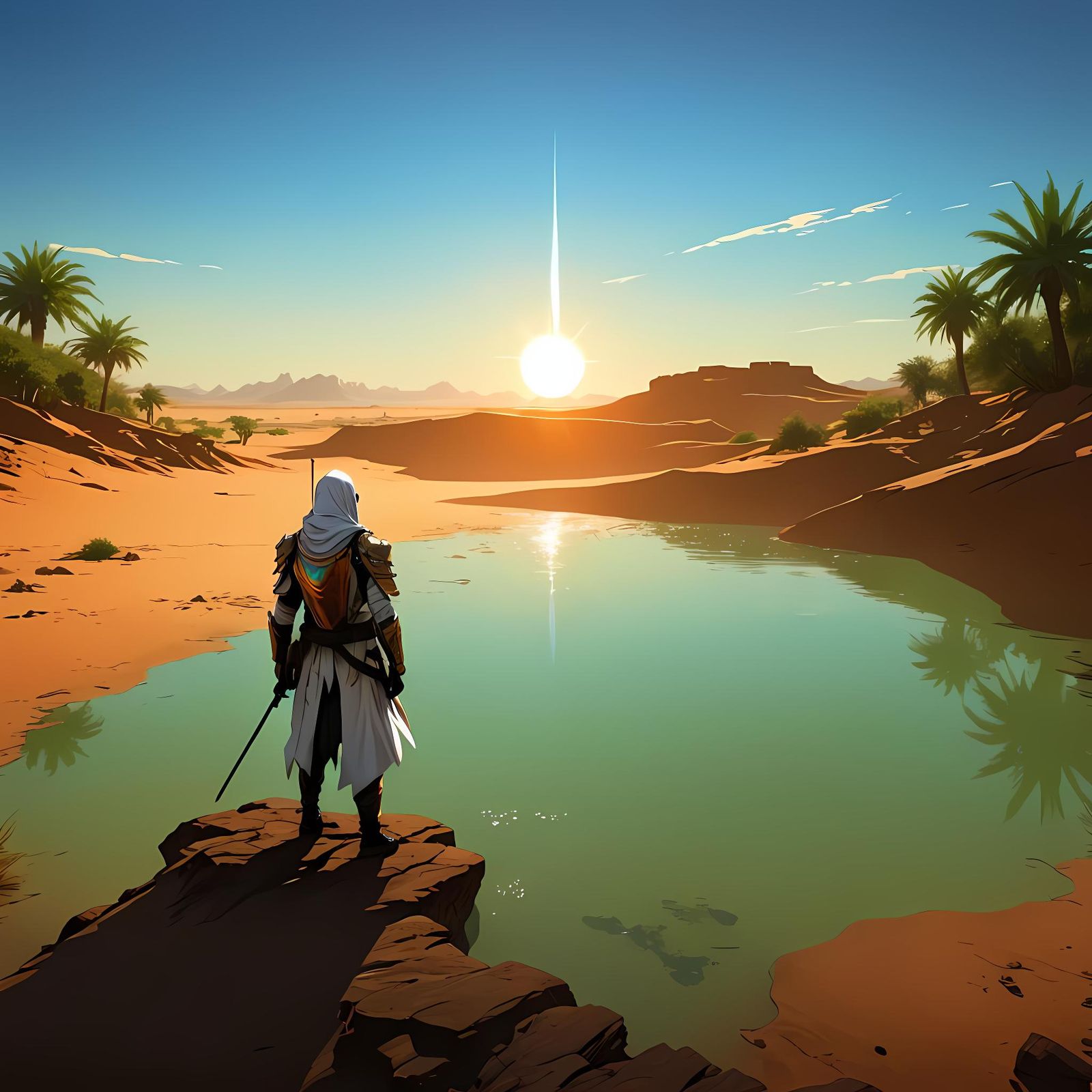Mercenary Discovering Desert Oasis in Anime Style