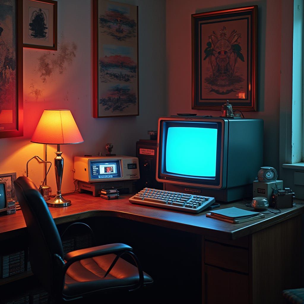 Retro-Futuristic Computer Setup in Syd Mead Style