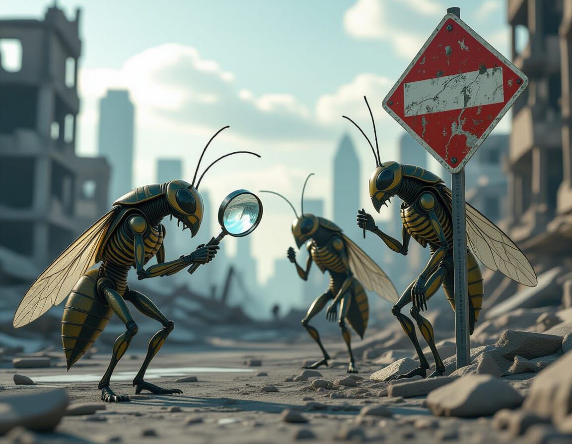 Insectoid Aliens Inspect Ruined City with Magnifying Glass