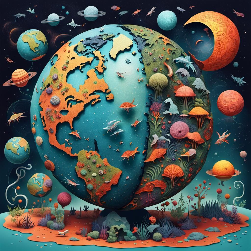 Creatures Inhabit Earth Globe in Mixed Media Collage
