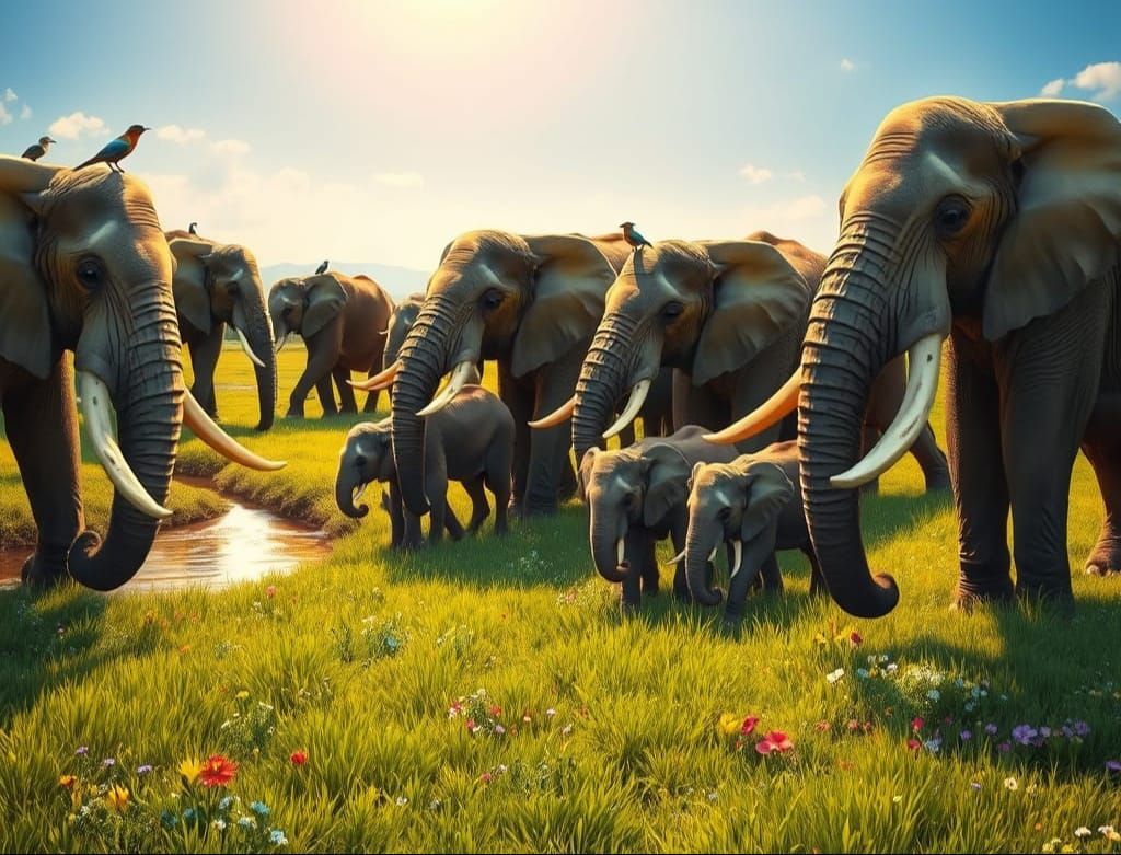 Elephants Grazing in Lush Habitat