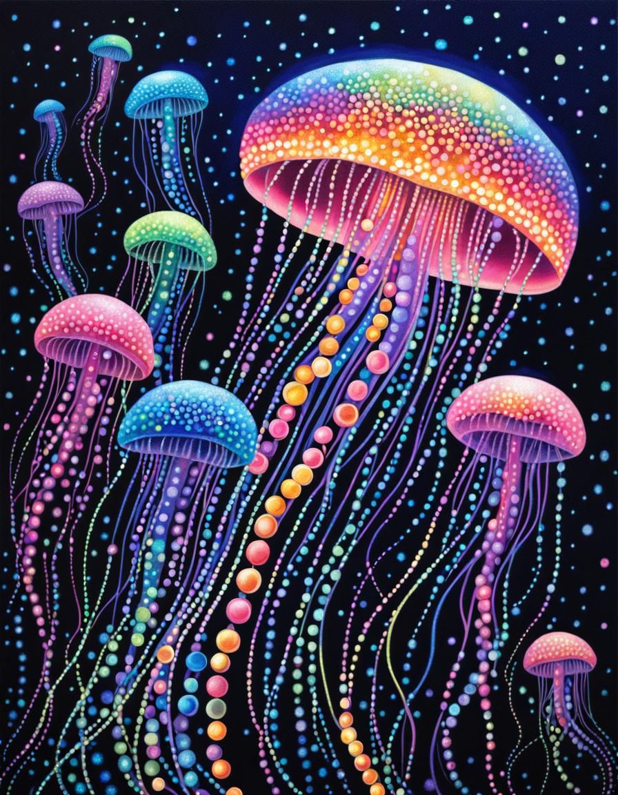 Neon Jellyfish Pointillism Masterpiece in Dark Ocean