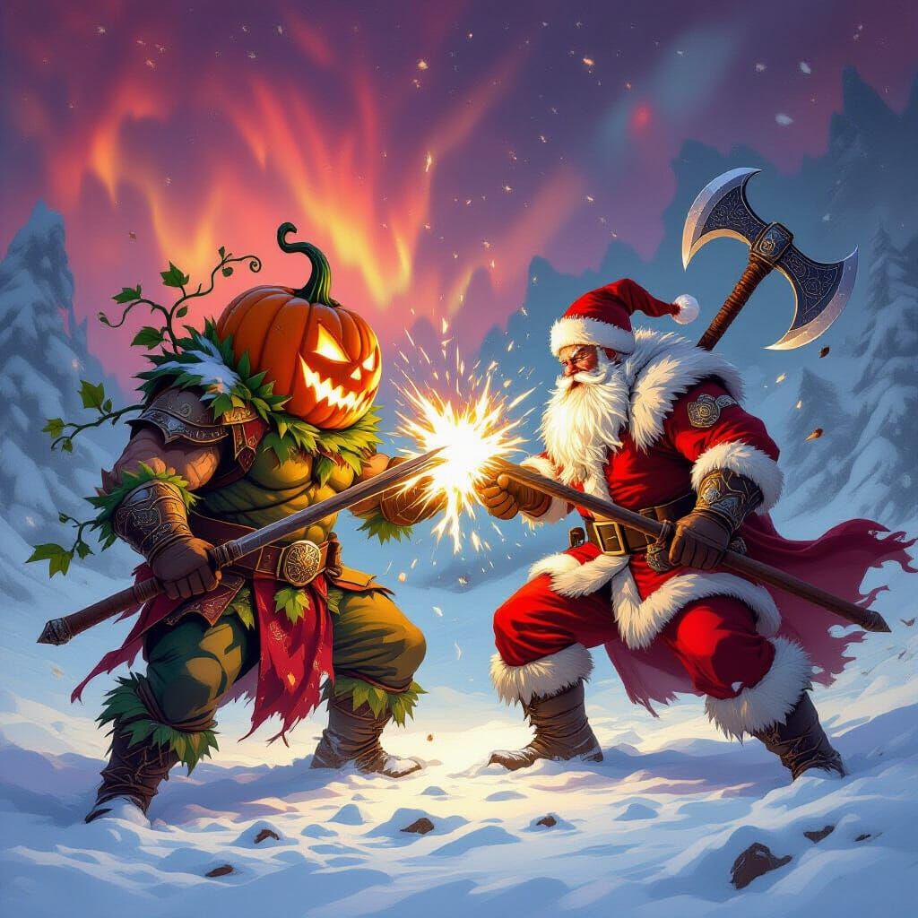 Fantasy Warrior Santa vs Pumpkin Head in Epic Battle