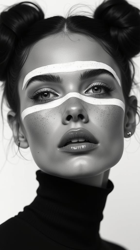 Monochrome Portrait: Girl with Twin Buns in Surreal Style