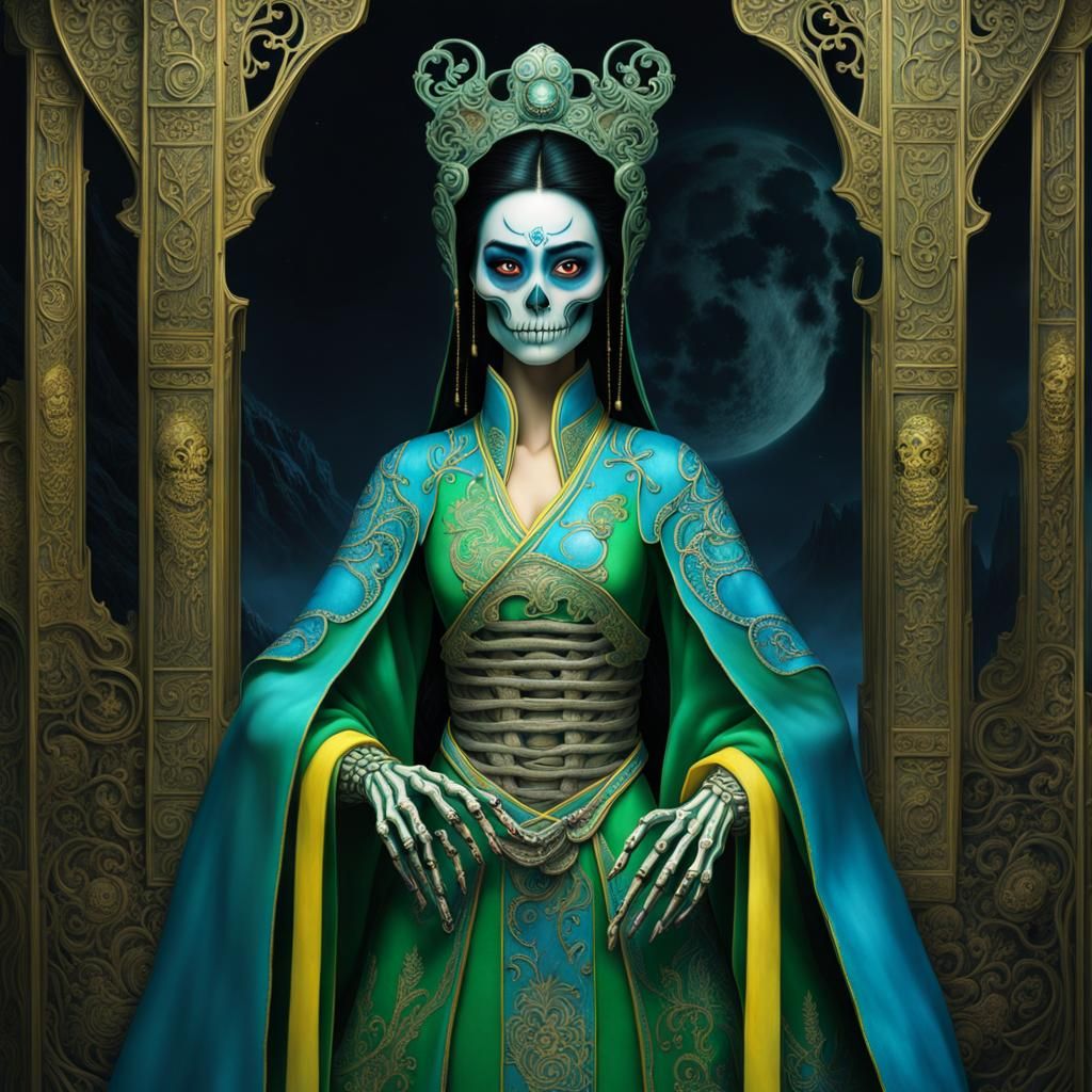 Skeletal Mulan in Moonlit Landscape, Gustave Doré Style