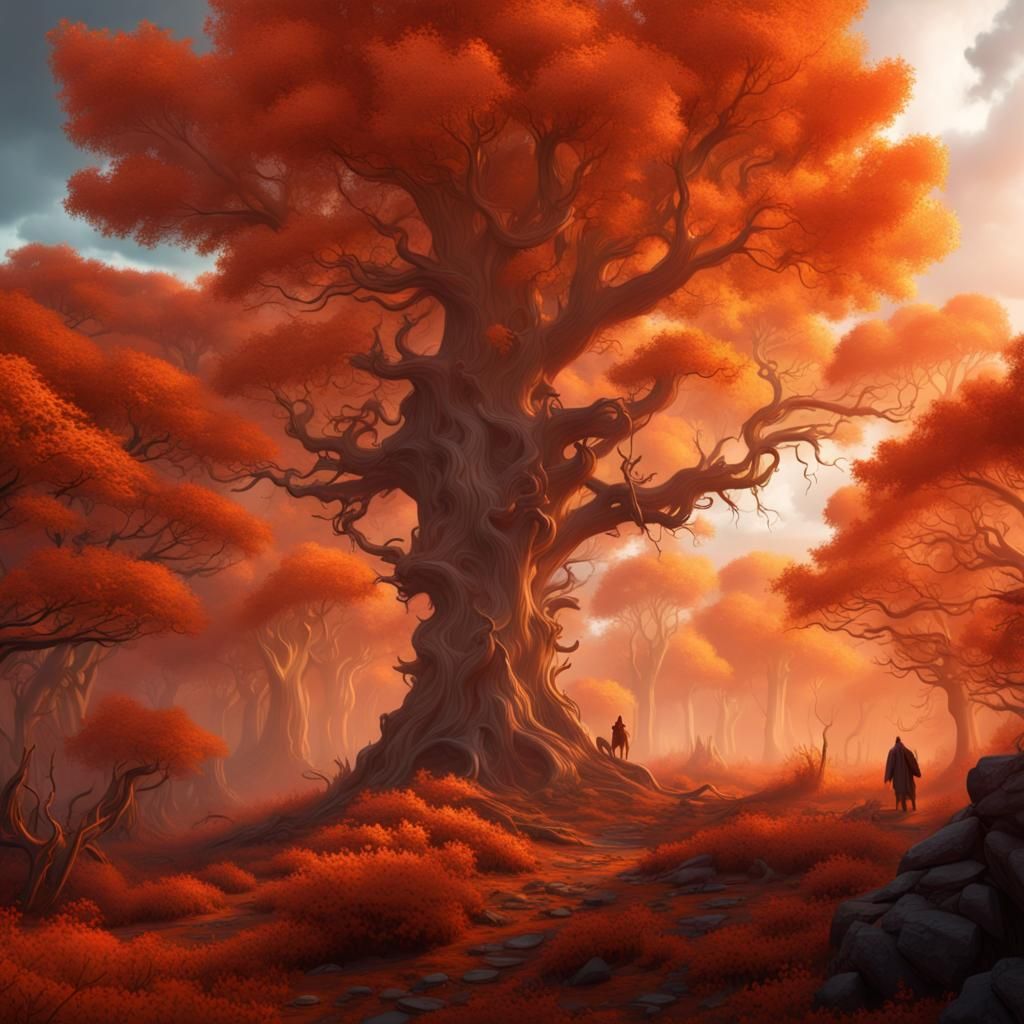 Orange Forest with Fog and Animals: Digital Matte Painting