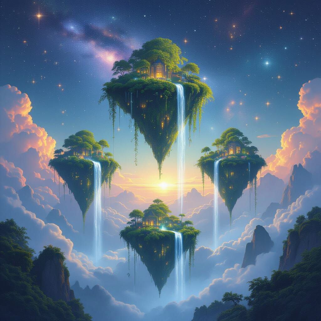 Floating Islands With Waterfalls Under Starry Night Sky