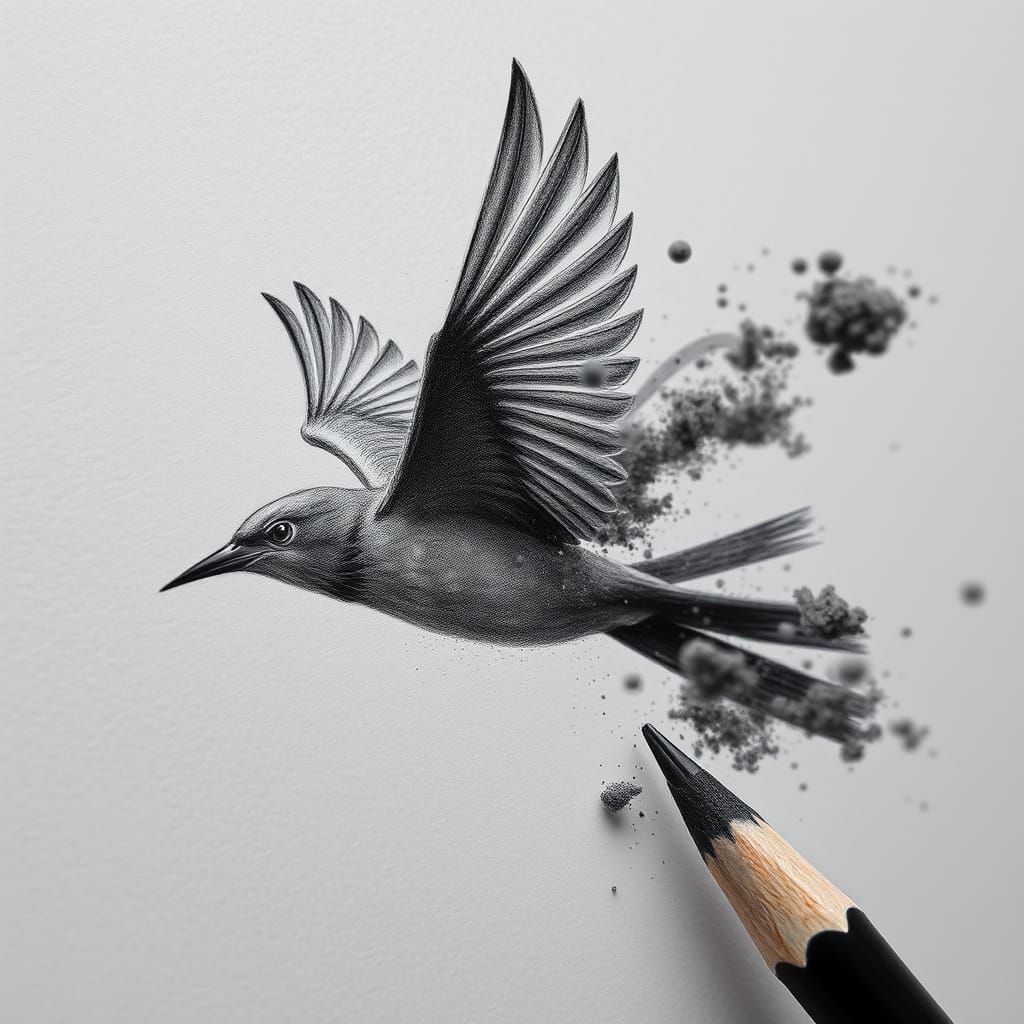 Charcoal Pencil Draws Bird in Flight, Macro View