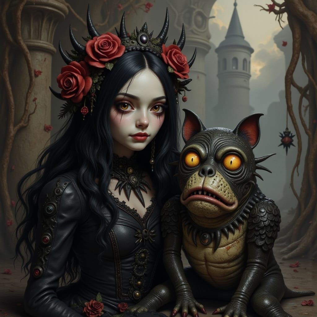 Wednesday Addams and Her Pet Monster in Claymation Style