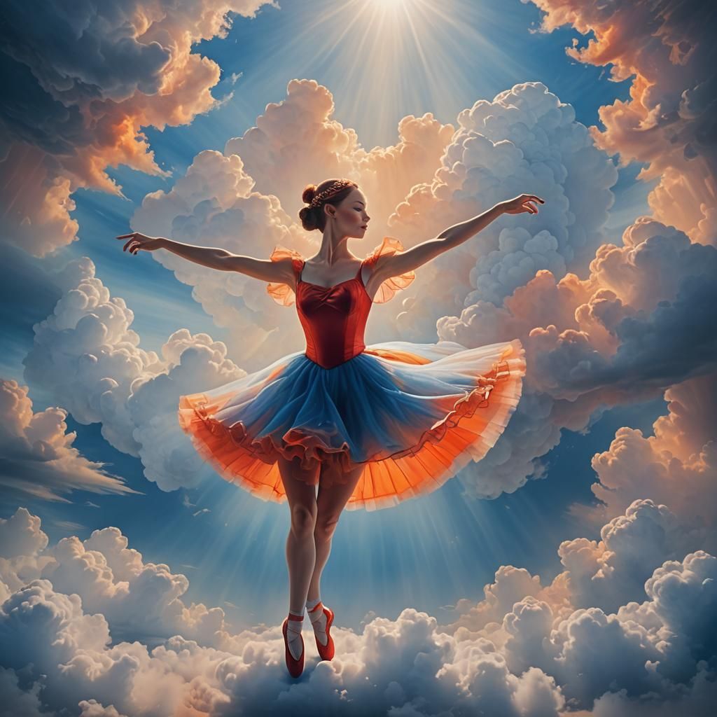 Ballerina Dancing in Blue Cloud with Sunshine