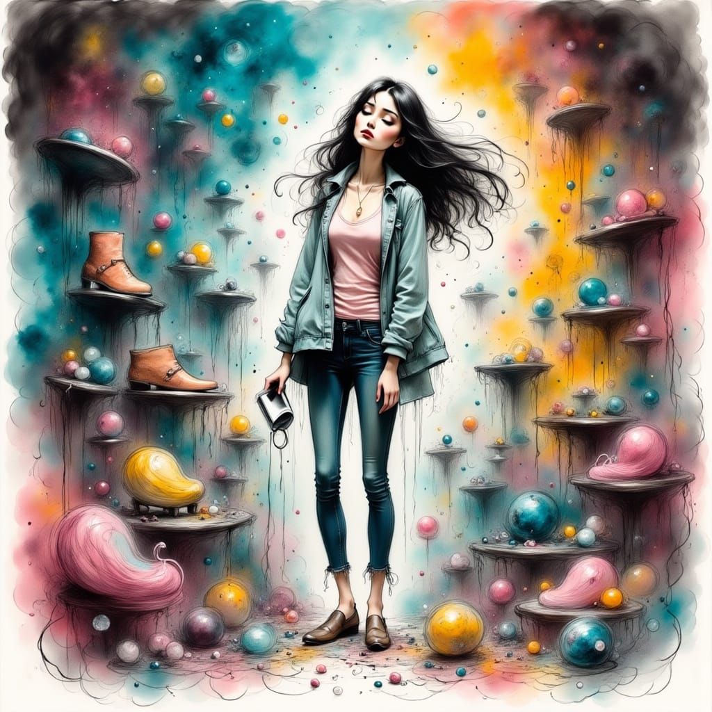 Frustrated Woman Surrounded by Chaos in a Vibrant Sketch Sty...