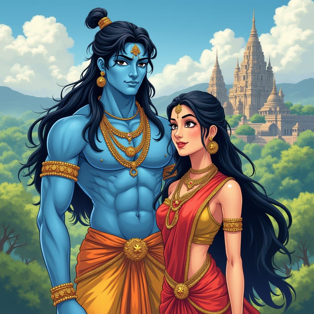 Handsome Lord Rama in Anime Style with Goddess Sita