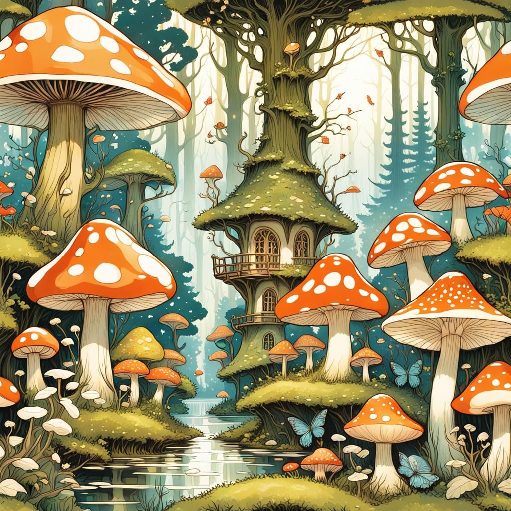 Enchanting Fairy Village in Art Nouveau Style