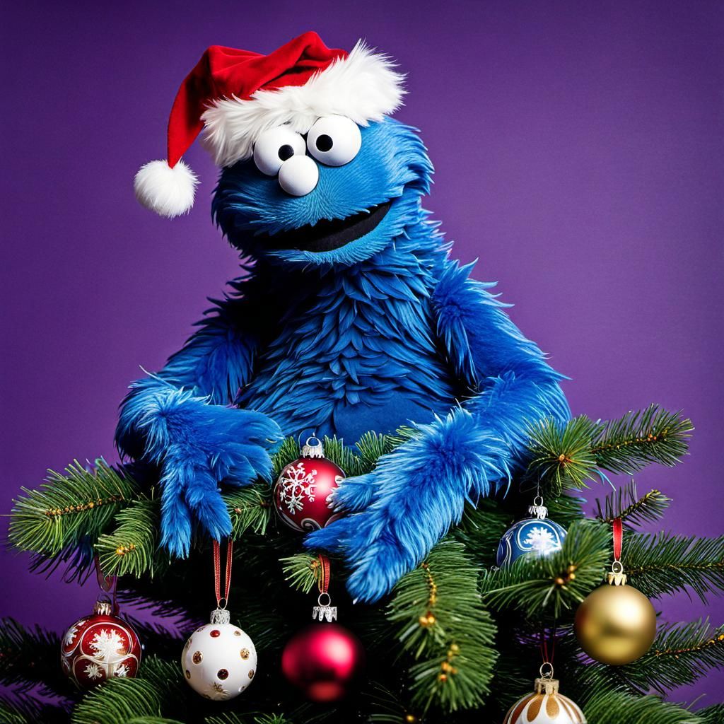 Cookie Monster Topping Christmas Tree with Muppet Baubles
