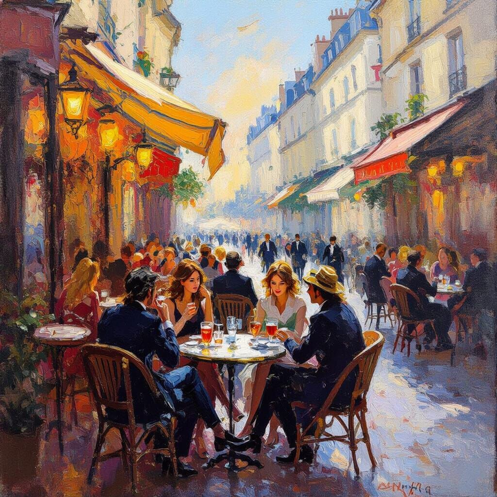 Parisian Street Cafe Scene Oil Painting in Impressionist Sty...
