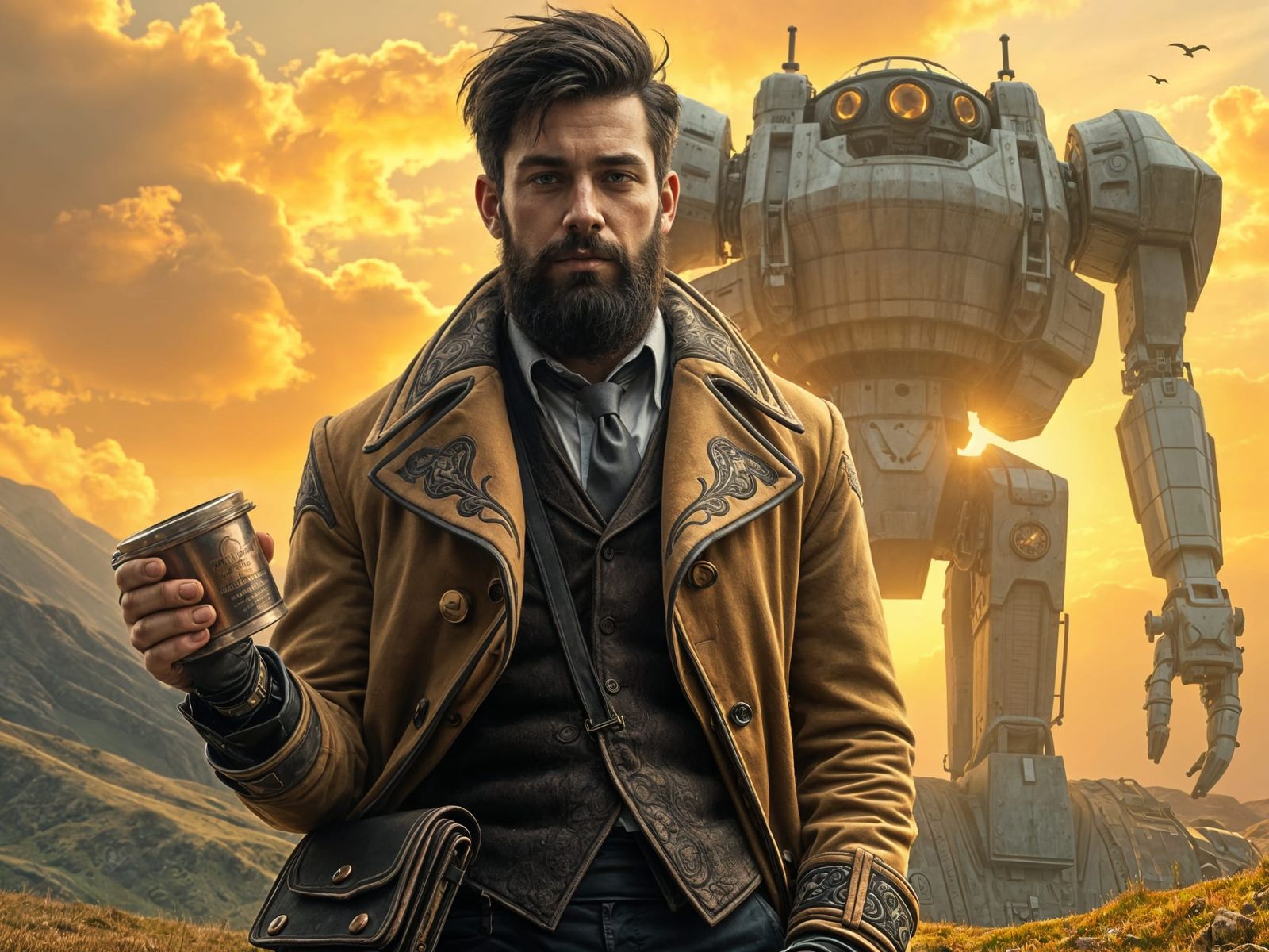 Steampunk Man with Robot in Natural Landscape