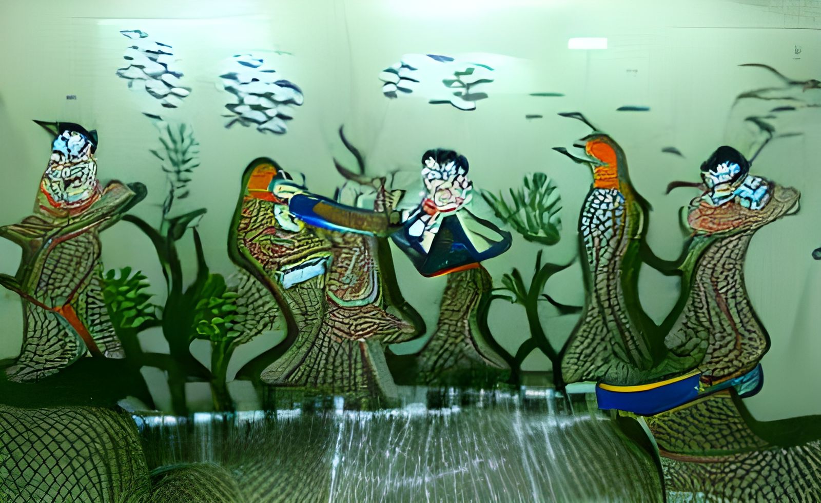 Businesspeople Argue in Underwater Forest, Madhubani Art