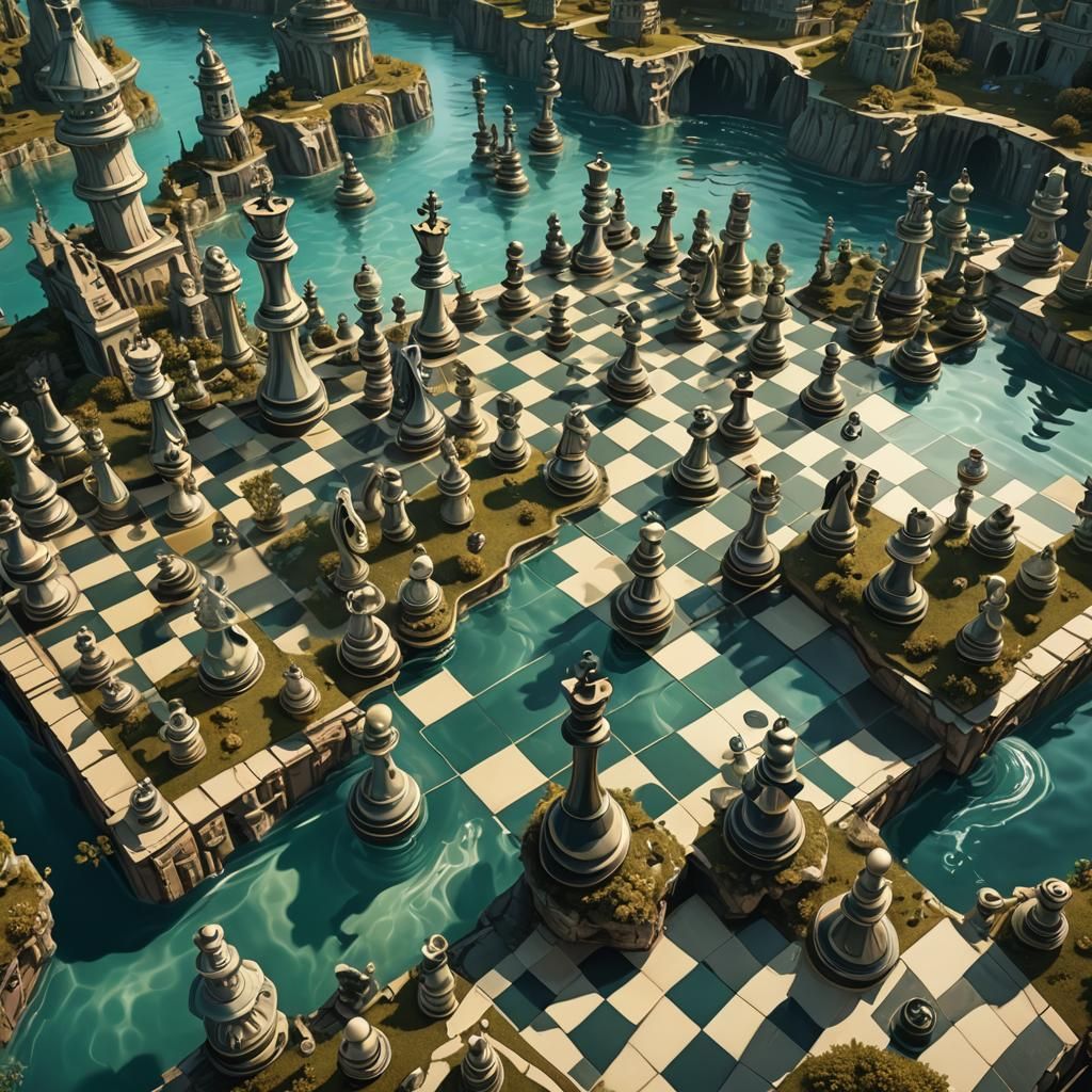 Surreal Chessboard Landscape with Floating Islands