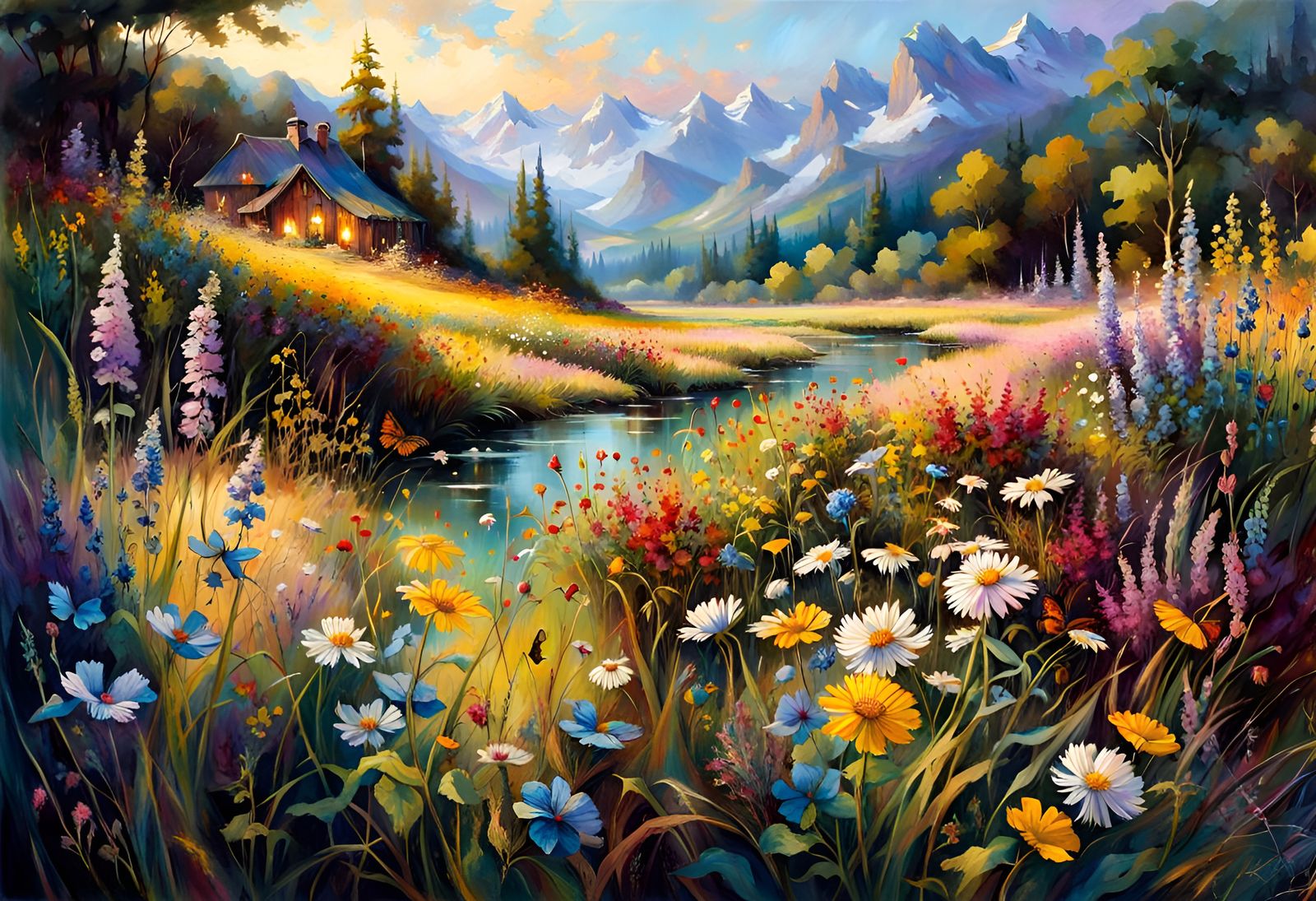Fantasy Flower Meadow with River in Morning Light