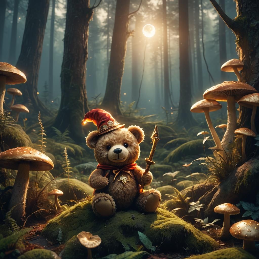 Teddy Bear on Mushroom in Mystical Forest