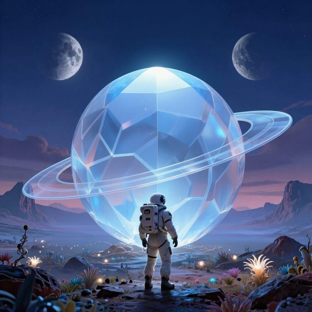 Astronaut Gazes at Alien Crystal Under Two Moons