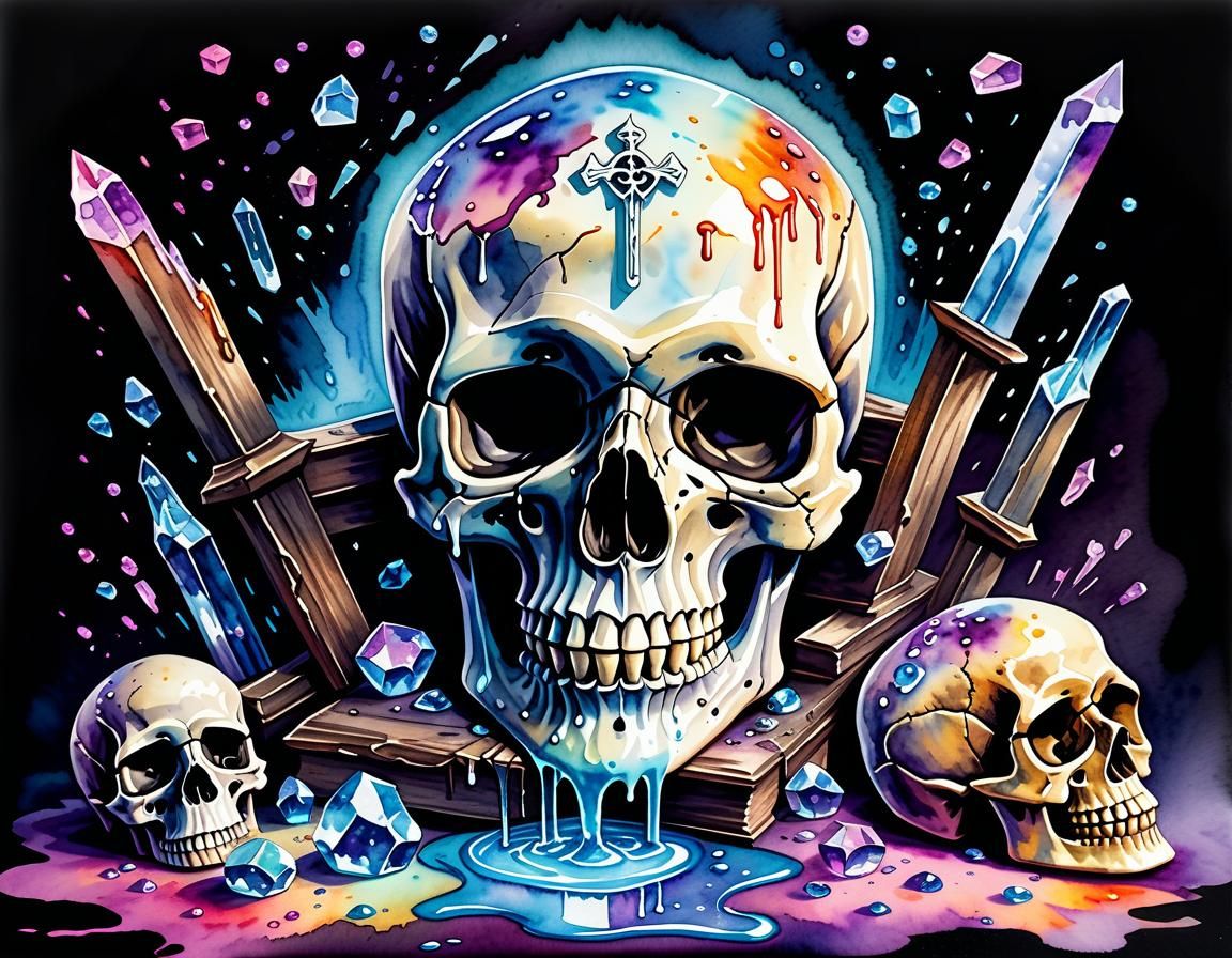 Opalescent Skull Surrounded by Crystals in Watercolour