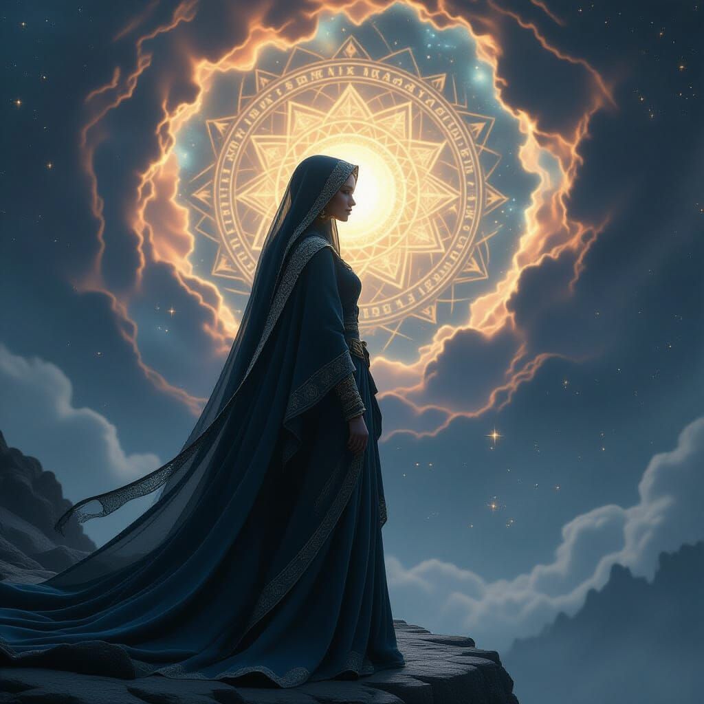 Virgoan Priestess at Cosmic Precipice in Dark Fantasy