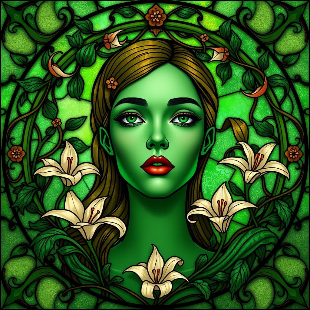 Art Nouveau Face Emerging From Ivy Frame